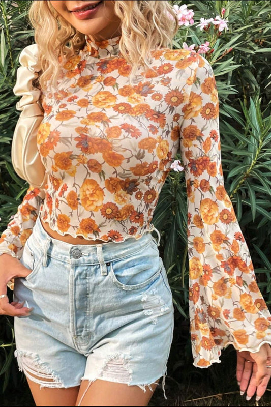 DROPSHIP—Printed Mock Neck Flare Sleeve Top