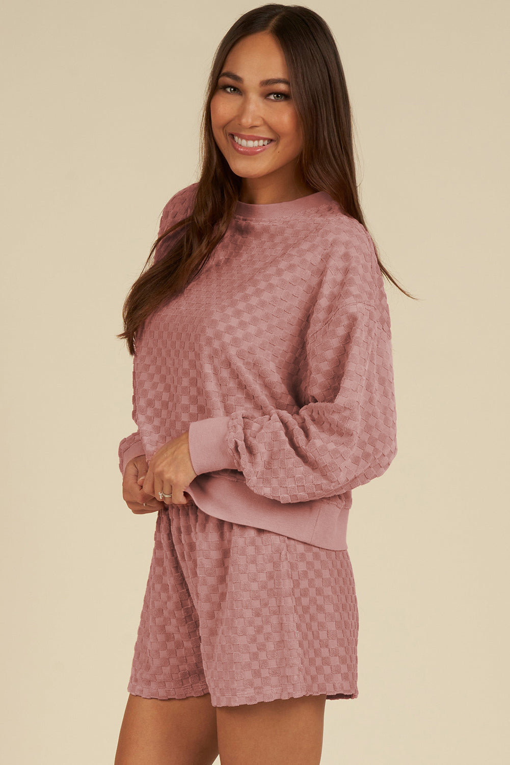 DROPSHIP—-Round Neck Long Sleeve Checkered Top and Shorts Set