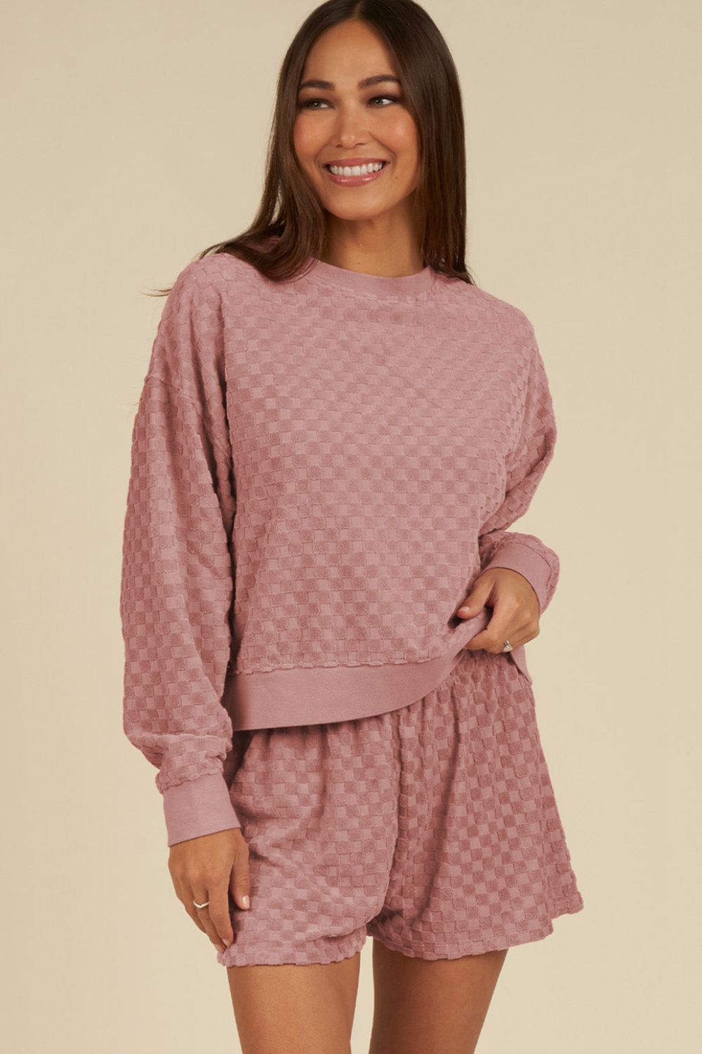 DROPSHIP—-Round Neck Long Sleeve Checkered Top and Shorts Set