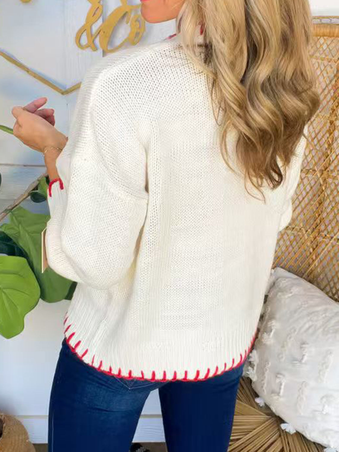 DROPSHIP—-Bow Round Neck Long Sleeve Sweater