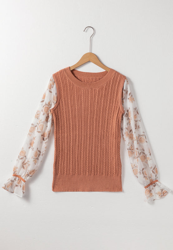 DROPSHIP—-Cable Knit Round Neck Flounce Sleeve Sweater